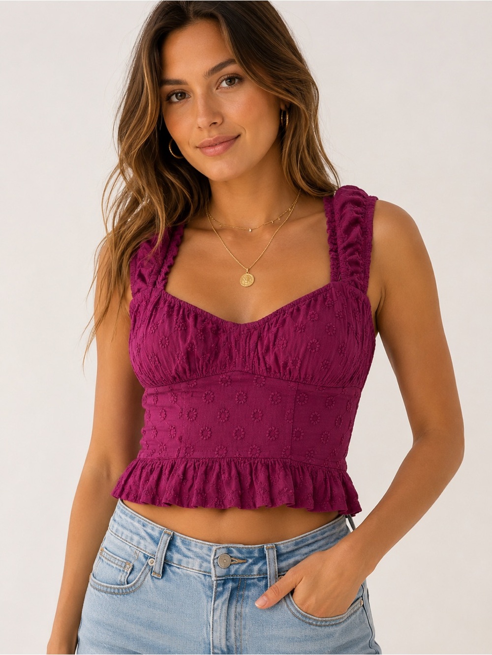 Hollister Women’s XS Plum Swiss Dot Peplum Crop Top Smocked Back Bustier